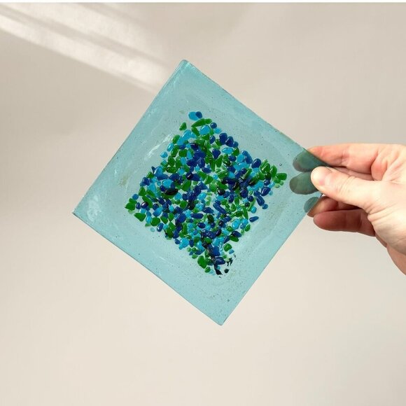 Aqua Blue Pebble Textured Vintage Contemporary Geometric Dish | Catchall | Plate - Picture 1 of 9